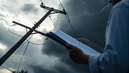 Climate Economic Risk A person holds a book near a power pole under dark, stormy skies with lightning in the background.