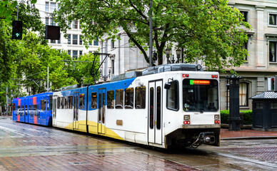 Portland light rail train at Pioneer Courthouse station in downtown Portland, Oregon, United States