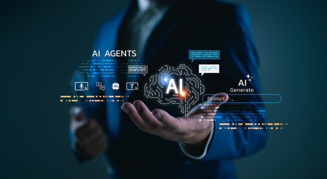 Artificial intelligence and prompt generation concept, a businessman presents AI-powered digital agents in a virtual interface within a modern tech-driven business environment. Technology Ai. - Powered by Adobe