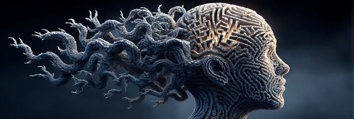 Overthinking visualized as maze growing out of persona??s head at night