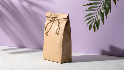 A simple brown paper bag with a string tie stands against a purple wall with dappled light from palm leaves