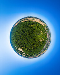 Aerial tiny planet 360 of Savernake Forest near Marlborough, Wiltshire, UK
