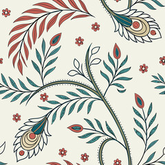 Seamless floral pattern with stylized leaves and flowers in a decorative artistic style