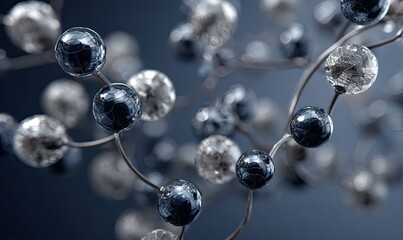 Abstract 3D rendering of interconnected dark and light spheres on metallic stems against a muted blue backdrop