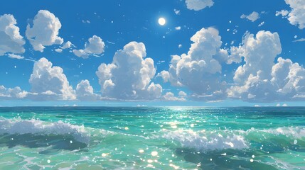 Blue summer sky meets the ocean's waves on a sandy tropical beach, a beautiful coastal landscape at the horizon