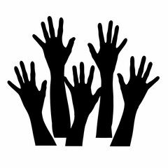 Silhouette of multiple hands reaching up representing unity support participation volunteering community involvement and raising awareness for