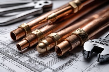 A collection of copper pipes is resting on top of a detailed blueprint