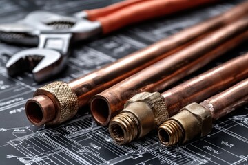 A collection of copper pipes is resting on top of a detailed blueprint