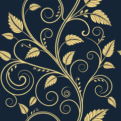 Stylized gold vine spiral motif seamless pattern on a deep black background