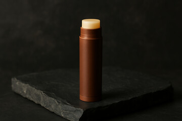 Natural lip balm stick mockup standing on dark slate for cosmetic product branding with minimal skincare display and organic wellness packaging design