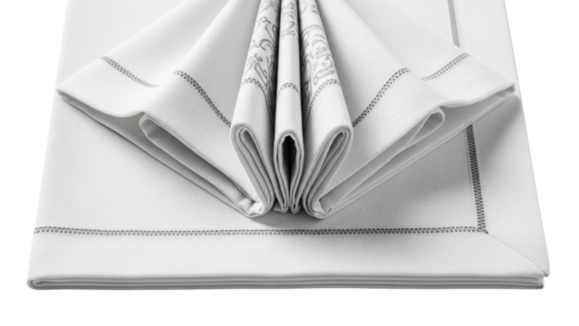 A square, white linen napkin, is folded in a decorative, vertical pleat. It has a subtle gray border.

