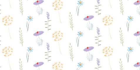 Fototapeta premium Seamless Pattern with Hand Drawn Lavender Dandelions Blue and Purple Wildflowers on White Background. Soft Pastel Botanical Elements for Textile or Wallpaper. Vector Illustration.