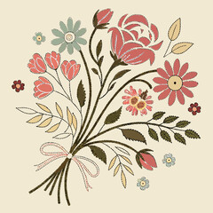 Vintage floral bouquet illustration with stitched effect suitable for design projects
