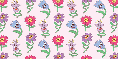 Fototapeta premium Seamless pattern with Cartoon Smiling Flowers. Red Pink Blue Lilac Blossoms with Faces and Green Leaves on Light Background. Flat colorful hand drawn vector illustration design