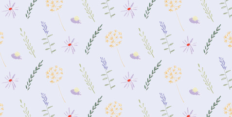 Seamless Pattern with Hand Drawn Wildflowers Lavender Dandelions Green Leaves. Soft Pastel Floral Elements on Light Blue Background. Botanical Nature Design. Vector Illustration.