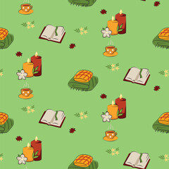 Green seamless reading-themed pattern with books, warm drinks and cozy treats in calming slow life concept