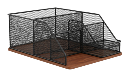 A wooden desk organizer with wire mesh shelves and compartments, offering a practical and stylish storage solution. This organizer helps keep workspaces tidy and efficient.

