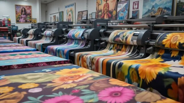 DTF textile printing setup with printer and colorful printed fabric, showcasing vibrant designs and technology. 4k video