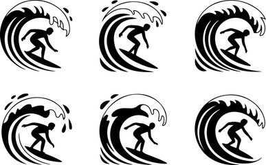 Fototapeta premium Silhouettes of a surfer surfing the waves on his surfboard