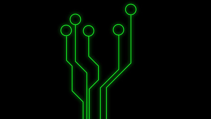 Futuristic digital circuit board design featuring glowing neon green lines and circles
