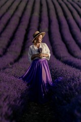 A woman stands in a field of lavender flowers, wearing a straw hat