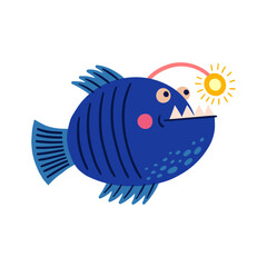 Funny toothy fish with lanterns in its forehead. Blue Anglerfish. Cute predatory fish for the design of children's rooms, textiles, books and cards. Marine inhabitant on a light isolated background.