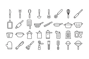Set of kitchen utensils and cooking tools icons line art vector design