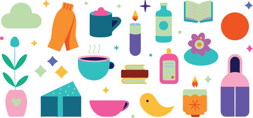 Vector art of cozy collection of hygge items including a scarf, mug, book, and candle.