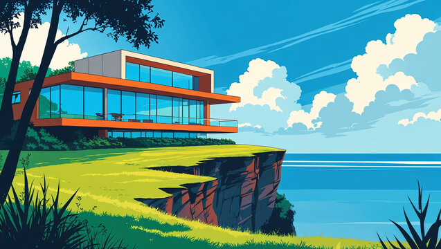Modern house architecture on a cliffside with ocean view beautiful sunny day landscape