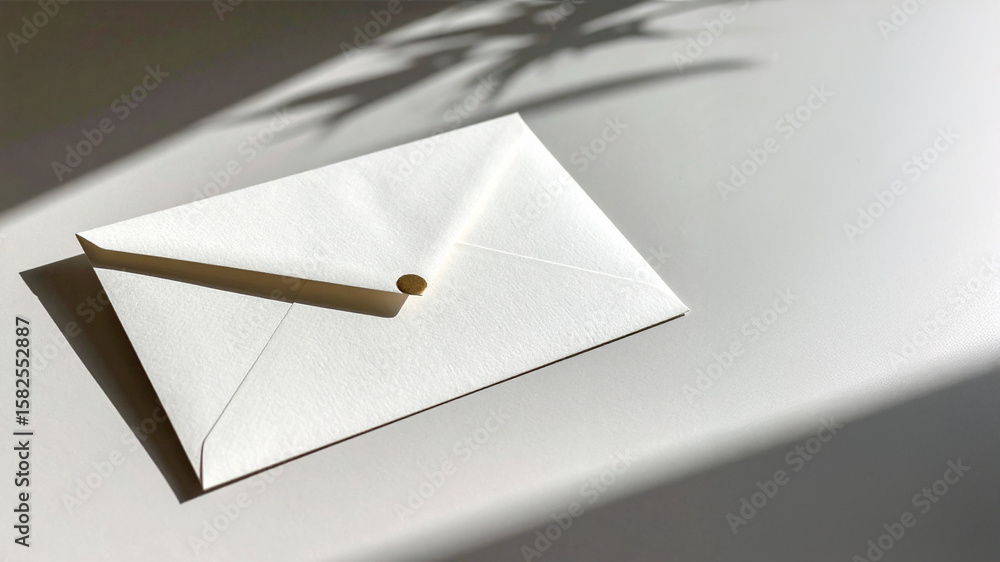 Poster a pristine white textured envelope with a subtle gold sealing dot, casting natural light and shadow 