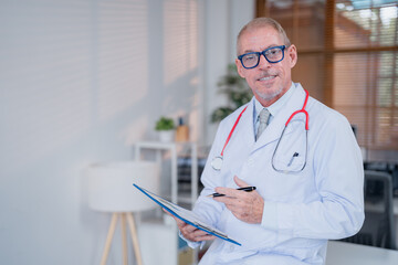 Portrait of an experienced doctor wearing glasses and a stethoscope, holding a clipboard and a pen, smiling in a modern hospital room, embodying professionalism and healthcare expertise