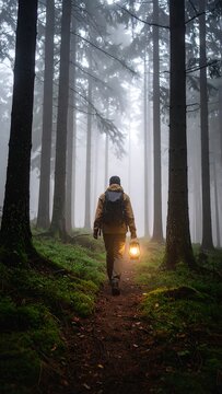Misty forest path, hiker with lantern