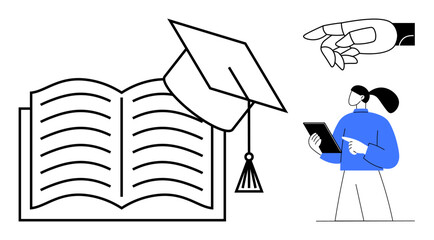Open book with graduation cap, hand gesture pointing, and woman using tablet. Ideal for education, e-learning, online courses, academic success, digital tools, modern teaching simple landing page