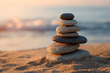 Close-up of stacked smooth stones on sandy beach, golden-hour light reflecting on water in background