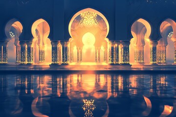 Illuminated Islamic Architecture Reflecting In Water