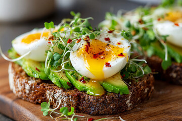 Cropped close-up of open-faced rye sandwich with avocado slices, soft-boiled egg, chili flakes, and microgreens