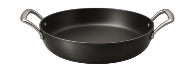 A dual-handled fry pan made of anodized aluminum, suitable for preparing paella in a spacious kitchen.