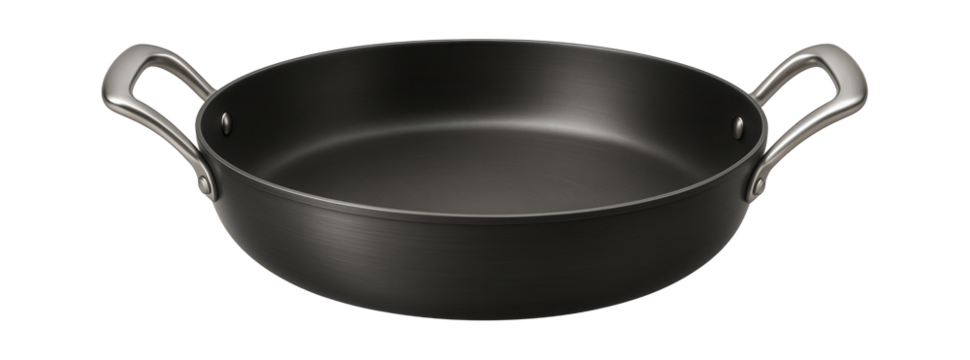 A dual-handled fry pan made of anodized aluminum, suitable for preparing paella in a spacious kitchen.