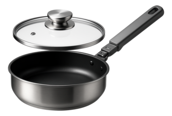 A saute pan with a detachable handle and lid, convenient for compact storage in a tiny home.