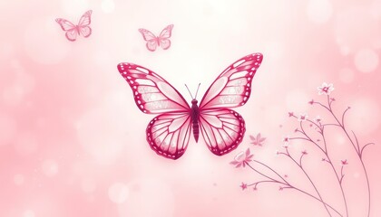 Elegant Pink Butterfly Illustration with Floral Elements and Soft Bokeh Effect