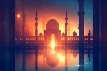 Majestic Mosque Silhouette Reflected In Calm Water At Sunset