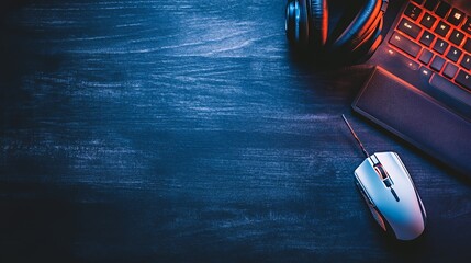 Gaming Setup Dark Wood Background With Mouse Keyboard Headphones