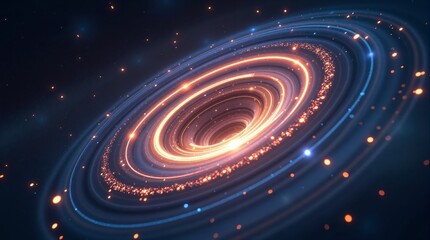 A bright spiral galaxy with glowing rings and particles, floating in deep, star-filled space.