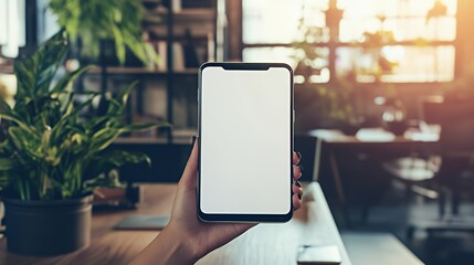 A Hand Holding Smartphone With Blank Screen Indoors