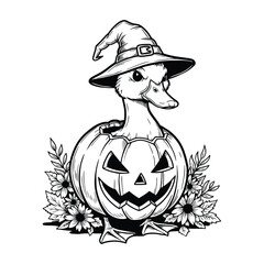 Halloween Duck in Pumpkin, Witch Duck Line Art, Funny Halloween Animal