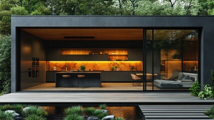 Modern forest kitchen, open to nature, evening ambiance