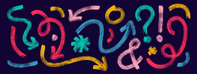 Set of colorful geometric shapes, curls, waves arrows. Squiggle lines, curly brush strokes with hand drawn grunge texture. Text marks, symbols.