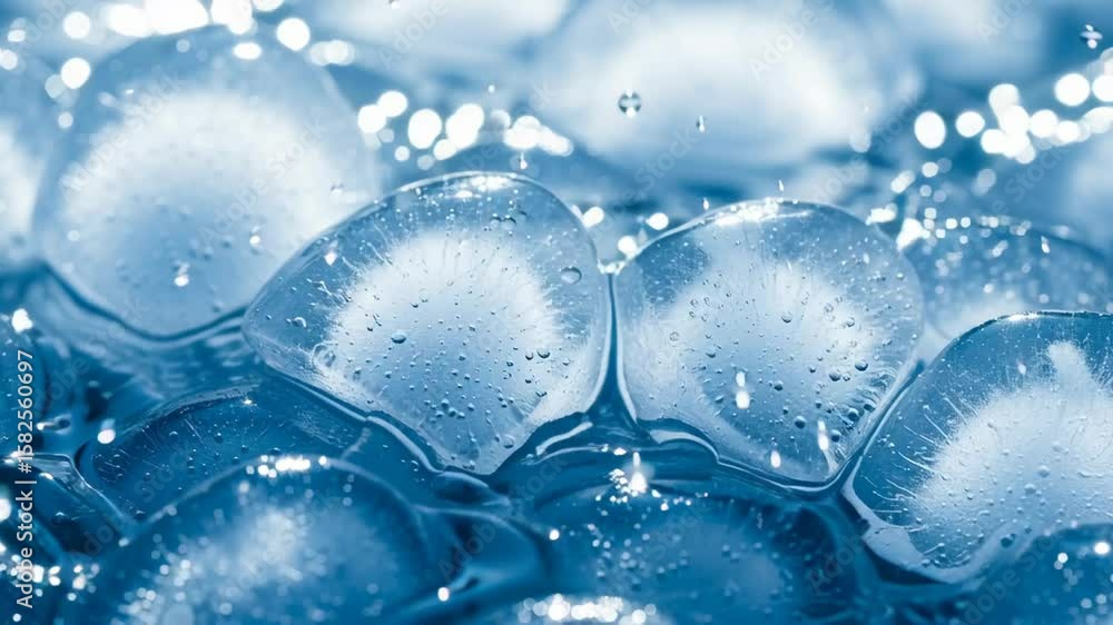 Poster water drops falling into a pile of transparent ice cubes in closeup, creating splashes; refreshing b