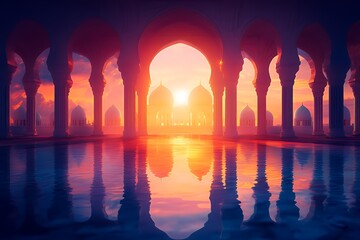 Sunset Silhouette of a Mosque Reflected in Water