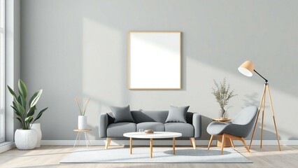 Modern living room with gray sofa accent chair and blank picture frame